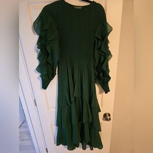 Dark Green Ruffle Tiered Long-Sleeve Dress